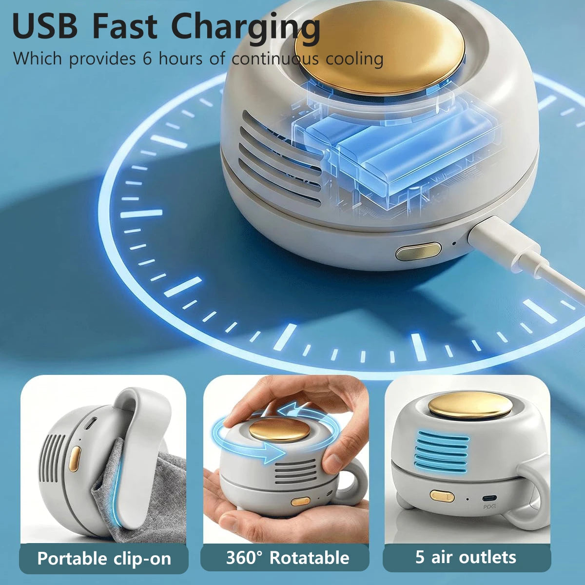 Mini Clip on Fan Portable Wearable Bladeless Fan Rechargeable 360° Rotatable 3-Speed Silent Electric Fans Hands-Free Cooling Fan